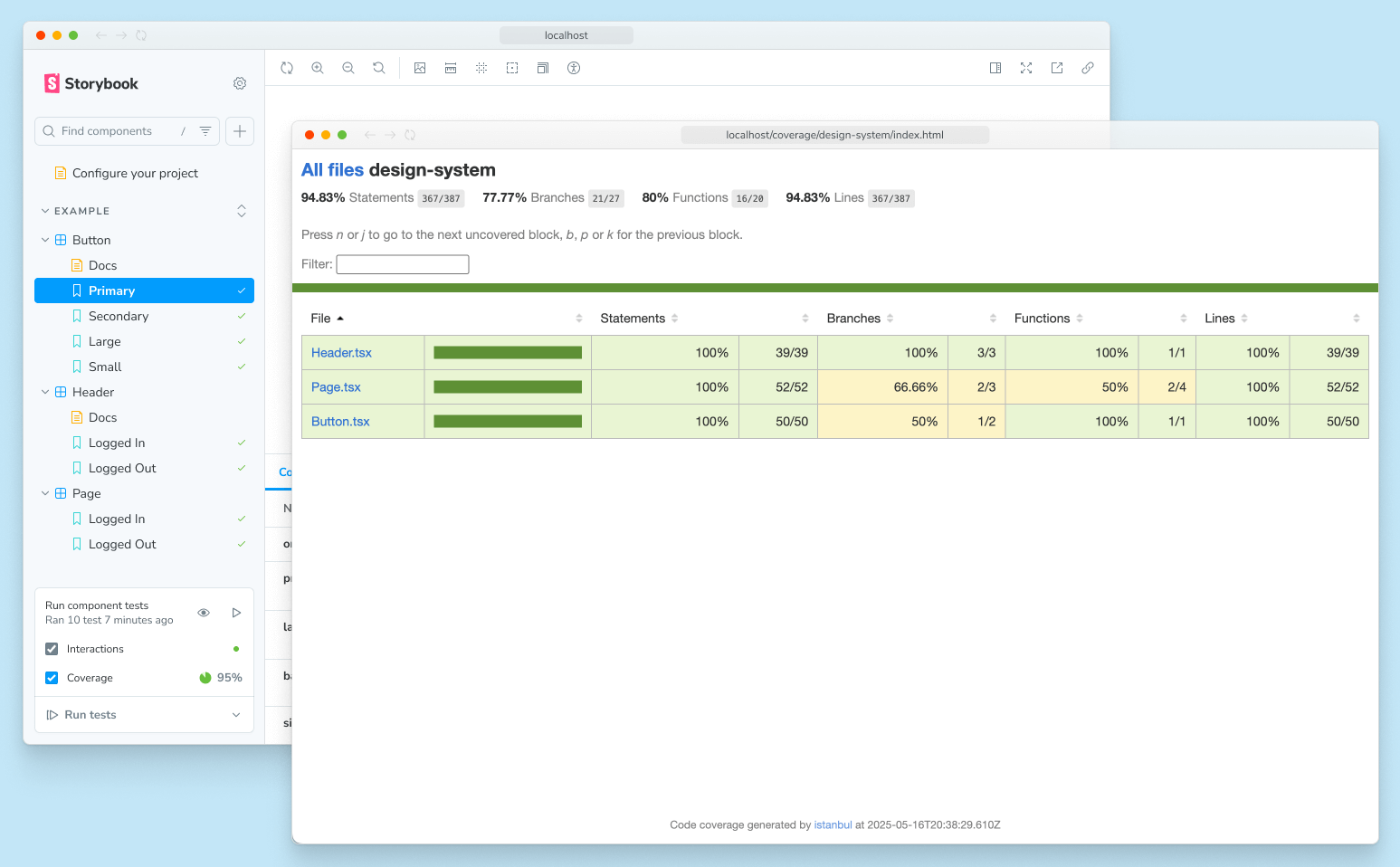 Two browser windows. The frontmost one shows the interactive coverage report generated by the Vitest addon. The background one shows the Storybook sidebar with the coverage summary visible in the testing widget.
