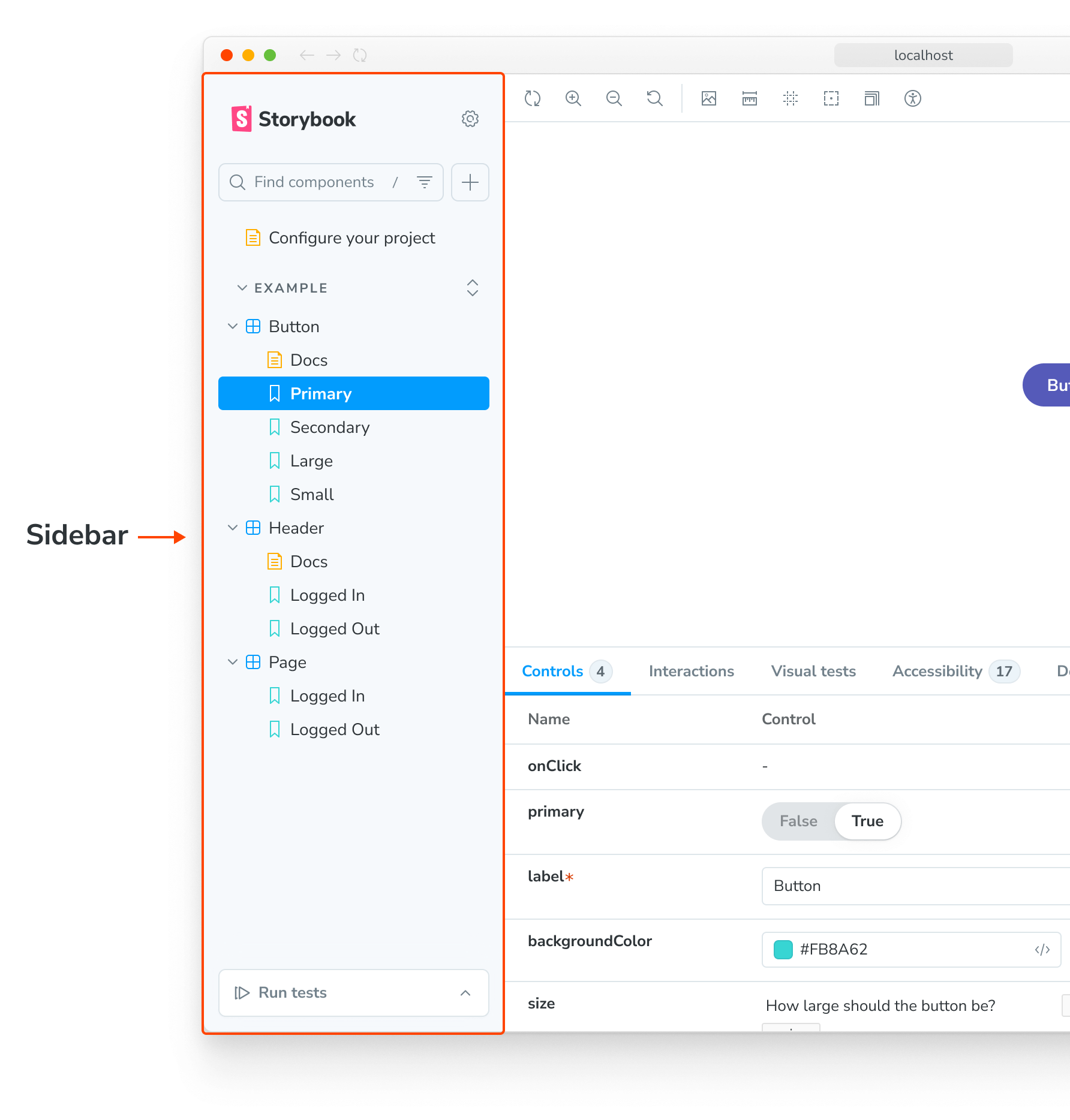 Storybook sidebar anatomy
