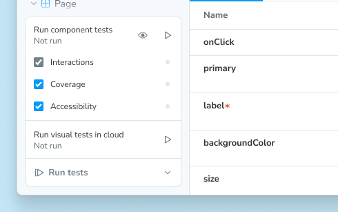 Screenshot of testing widget, expanded, showing Visual tests