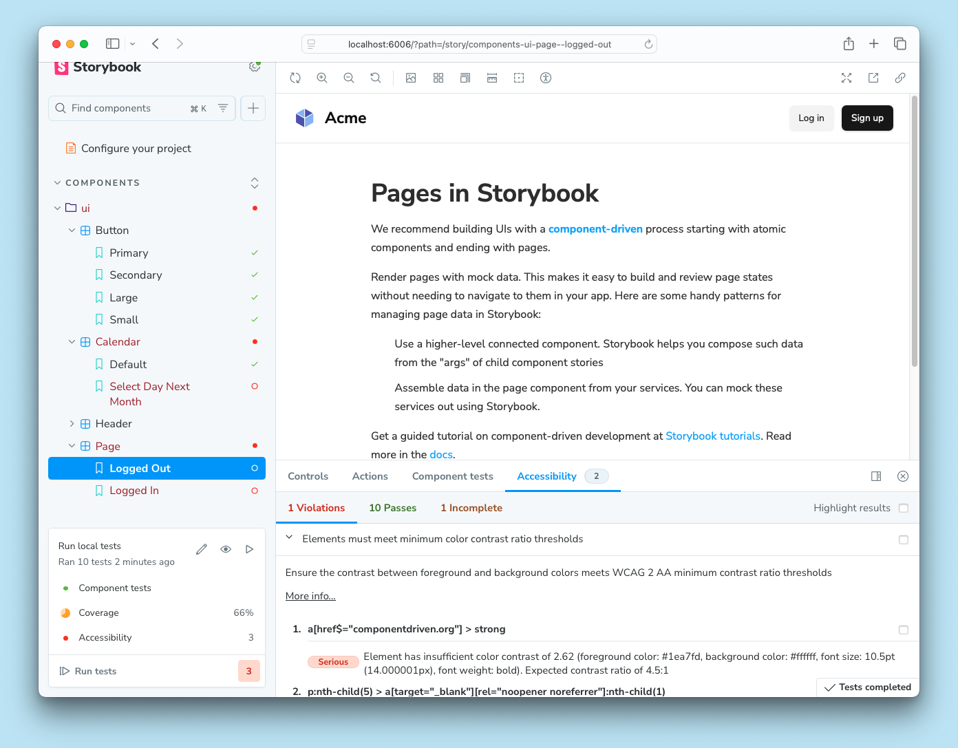 Screenshot of the accessibility test results in the Storybook UI