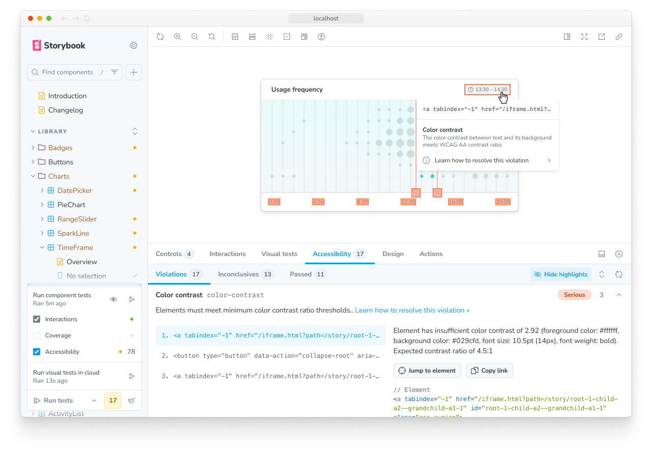 Storybook app with accessibility panel open, showing violations and an interactive popover on the violating elements in the preview