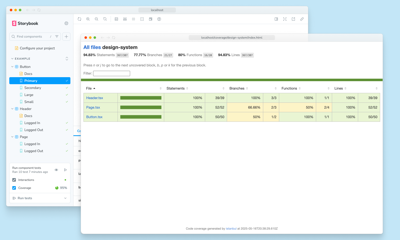 Two browser windows. The frontmost one shows the interactive coverage report generated by the Vitest addon. The background one shows the Storybook sidebar with the coverage summary visible in the testing widget.