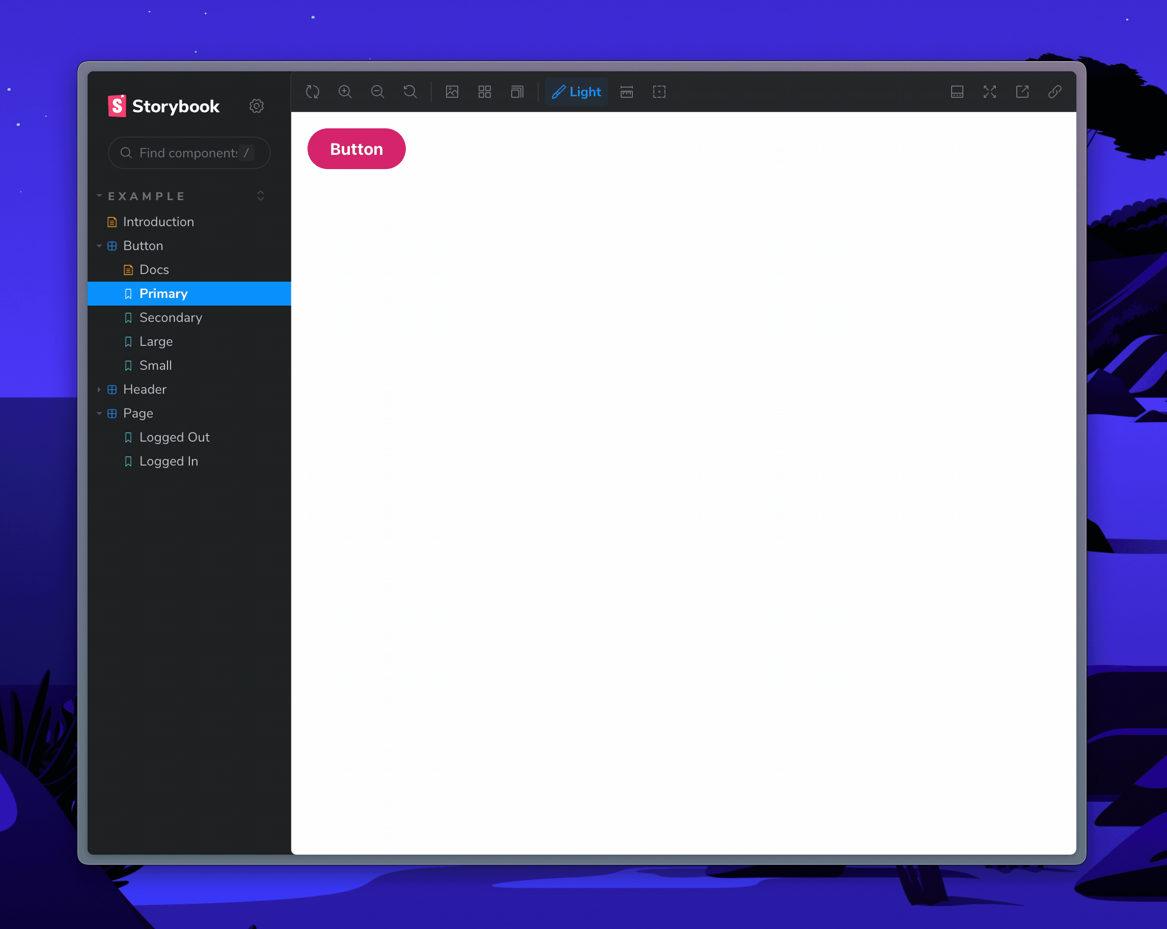 Finished example of Tailwind CSS in Storybook with a theme switcher